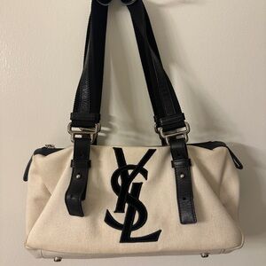 YSL Canvas  Kahala Boston Bag in Black and Cream